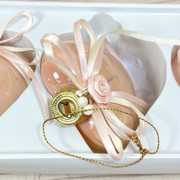 VTG Glass Heart Shaped Ornaments Lot of 3 Pink Iridescent Floral Bow Christmas - Picture 7 of 10